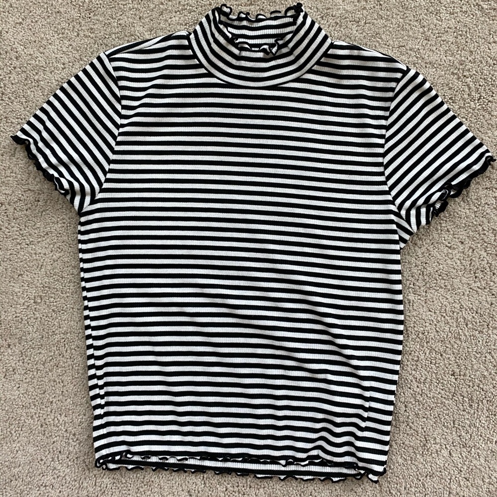 Black and White Striper Ruffled Mock Neck T-Shirt
